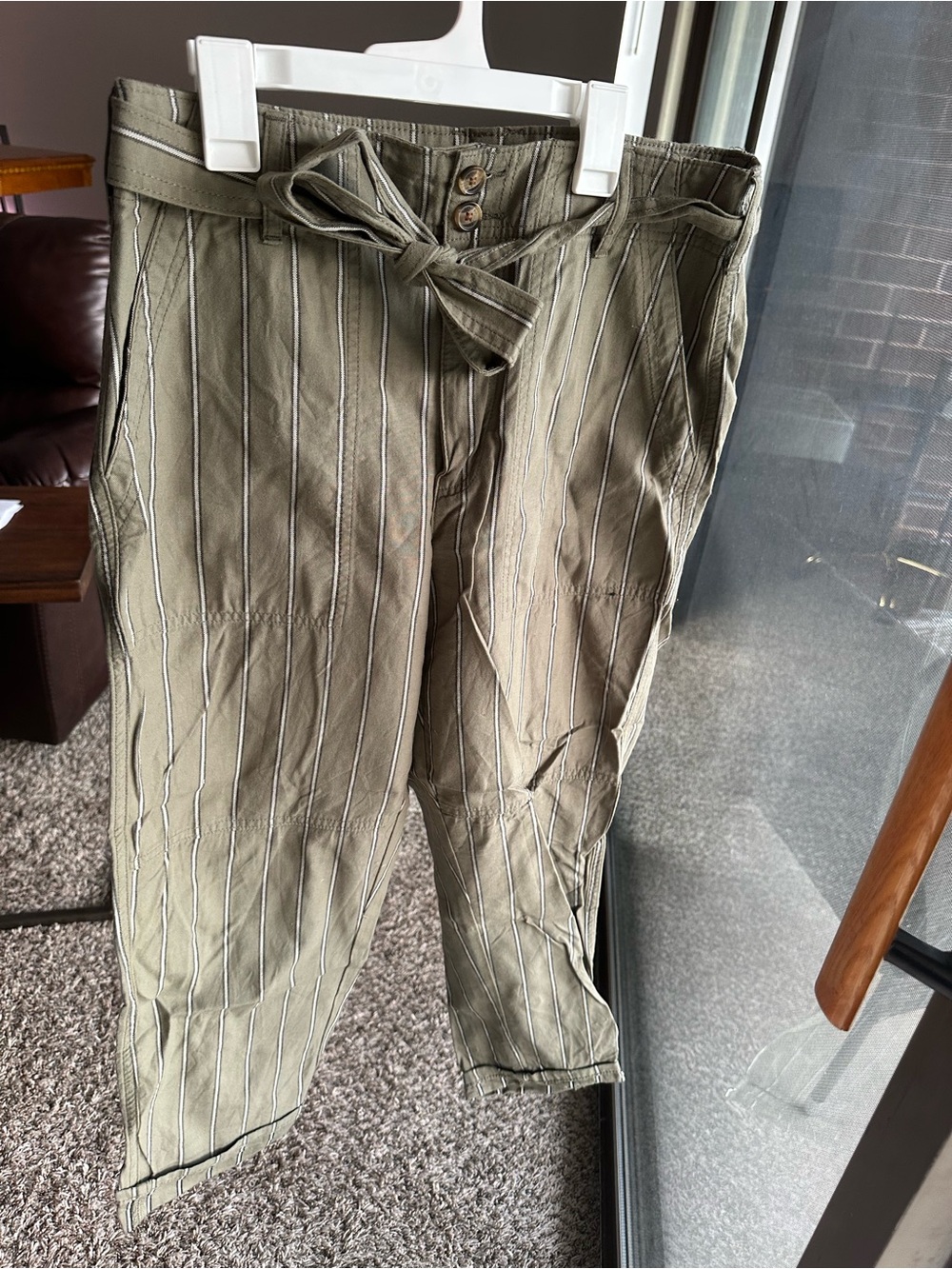Women’s Olive Green Striped Casual Pants with Waist Tie